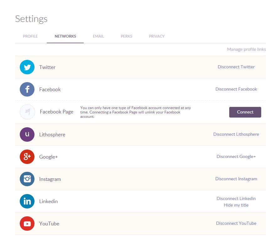 Klout settings page